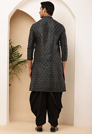 Woven Viscose Rayon Asymmetric Kurta Set in Charcoal Black