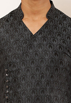 Woven Viscose Rayon Asymmetric Kurta Set in Charcoal Black