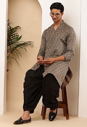 Woven Viscose Rayon Asymmetric Kurta Set in Light Fawn and Black