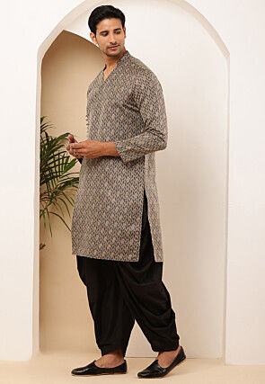 Woven Viscose Rayon Asymmetric Kurta Set in Light Fawn and Black