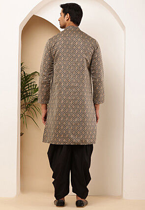 Woven Viscose Rayon Asymmetric Kurta Set in Light Fawn and Black