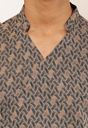 Woven Viscose Rayon Asymmetric Kurta Set in Light Fawn and Black