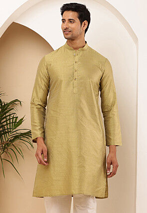 Woven Viscose Rayon Jacquard Kurta in Light Olive Green