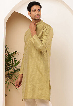 Woven Viscose Rayon Jacquard Kurta in Light Olive Green