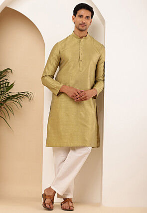 Woven Viscose Rayon Jacquard Kurta in Light Olive Green