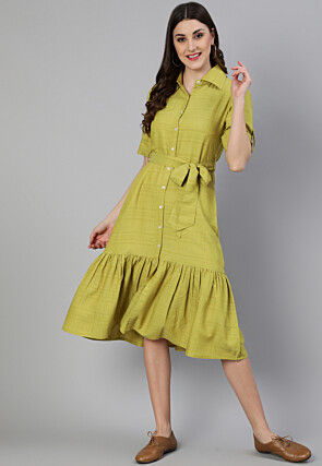 Woven Viscose Rayon Jacquard Midi Dress in Light Olive Green