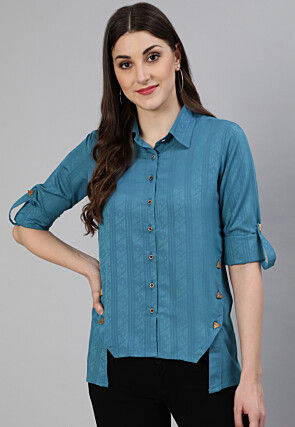 Woven Viscose Rayon Jacquard Top in Blue