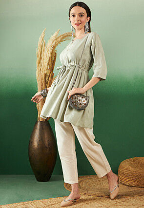 Woven Viscose Rayon Jacquard Tunic in Pastel Green