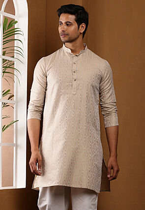 Woven Viscose Rayon Kurta in Light Beige