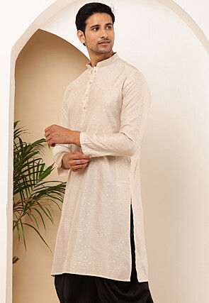 Woven Viscose Rayon Kurta in Light Beige