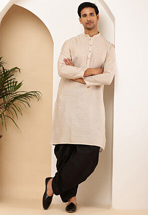 Woven Viscose Rayon Kurta in Light Beige
