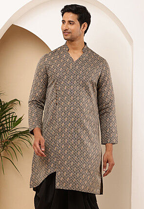 Woven Viscose Rayon Kurta in Light Fawn and Black
