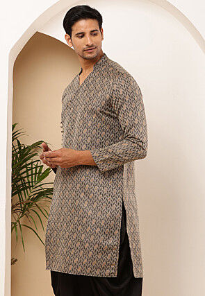 Woven Viscose Rayon Kurta in Light Fawn and Black