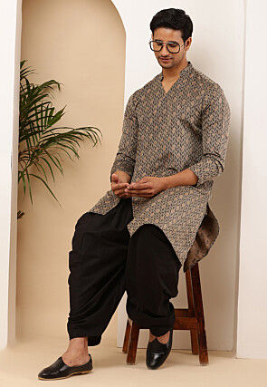 Woven Viscose Rayon Kurta in Light Fawn and Black