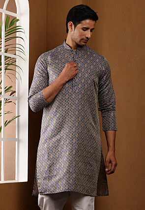 Woven Viscose Rayon Kurta in Light Fawn and Navy Blue