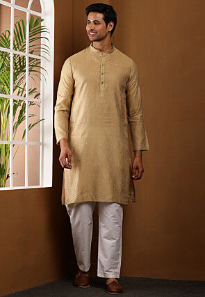 Woven Viscose Rayon Kurta Set in Beige