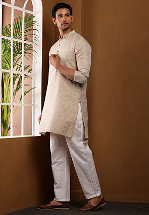 Woven Viscose Rayon Kurta Set in Light Beige