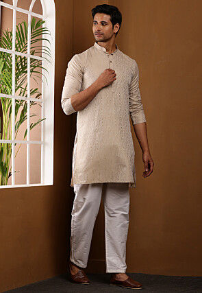 Woven Viscose Rayon Kurta Set in Light Beige