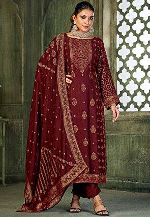 Woven Viscose Rayon Pakistani Suit in Maroon