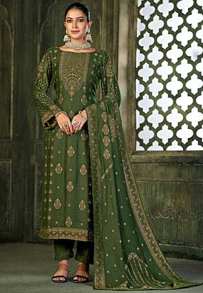 Woven Viscose Rayon Pakistani Suit in Olive Green