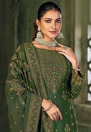 Woven Viscose Rayon Pakistani Suit in Olive Green