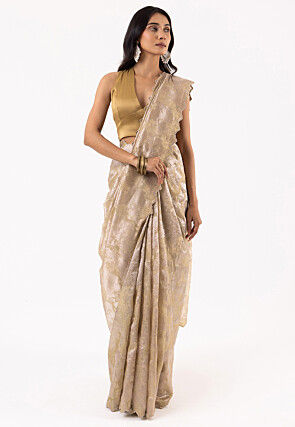 Woven Viscose Silk Scalloped Saree in Dusty Green