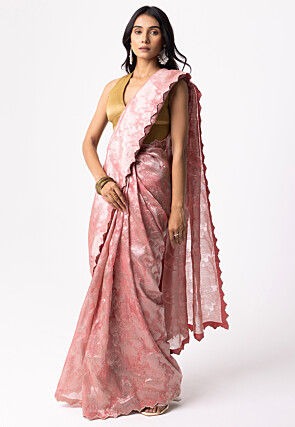 Woven Viscose Silk Scalloped Saree in Pink