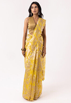 Woven Viscose Silk Scalloped Saree in Yellow