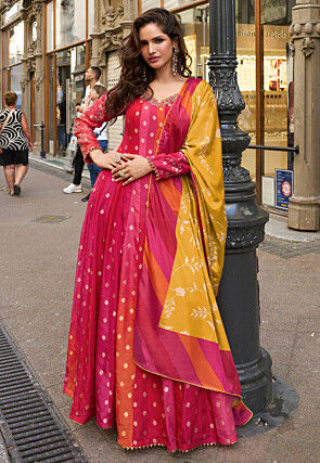 Woven Viscose Silk Jacquard Abaya Style Suit in Fuchsia