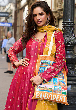 Woven Viscose Silk Jacquard Abaya Style Suit in Fuchsia