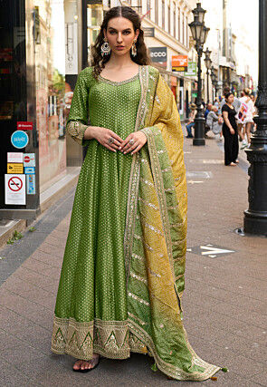 Woven Viscose Silk Jacquard Abaya Style Suit in Light Green