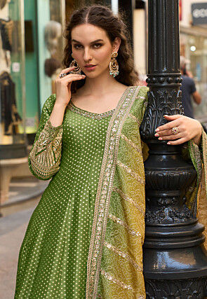 Woven Viscose Silk Jacquard Abaya Style Suit in Light Green