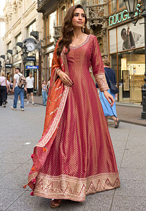 Woven Viscose Silk Jacquard Abaya Style Suit in Rust