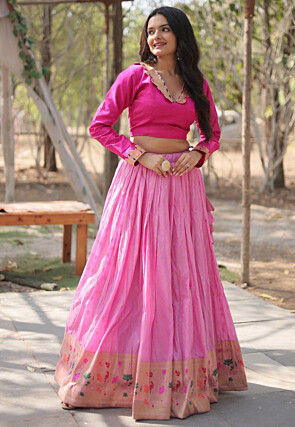 Woven Viscose Silk Crop Top Set in Fuchsia