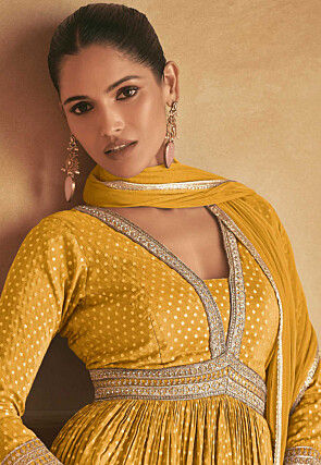 Woven Viscose Silk Jacquard Abaya Style Suit in Mustard