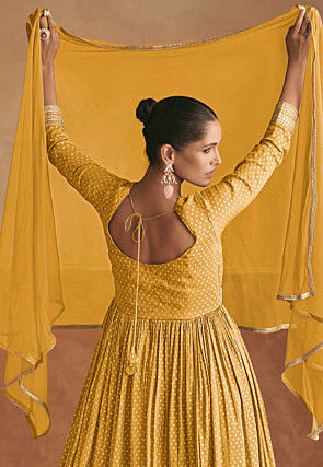 Woven Viscose Silk Jacquard Abaya Style Suit in Mustard