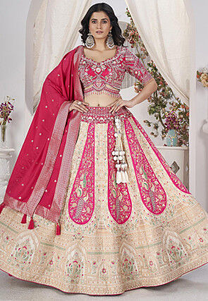 Woven Viscose Silk Jacquard Lehenga in Cream and Pink