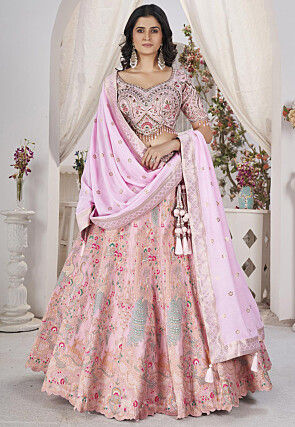 Woven Viscose Silk Jacquard Lehenga in Pink