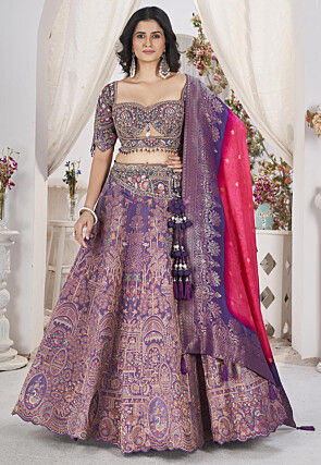 Woven Viscose Silk Jacquard Lehenga in Purple