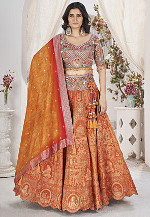 Woven Viscose Silk Jacquard Lehenga in Rust