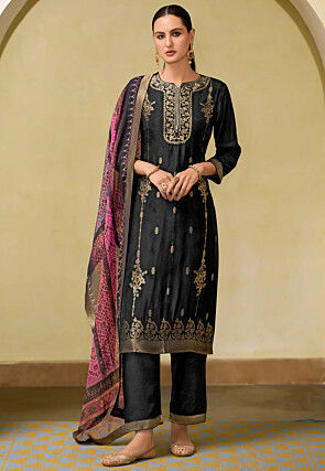 Woven Viscose Silk Jacquard Pakistani Suit in Black