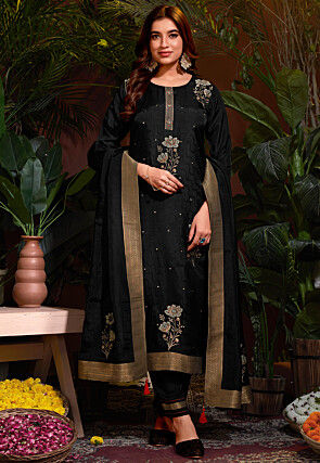Woven Viscose Silk Jacquard Pakistani Suit in Black