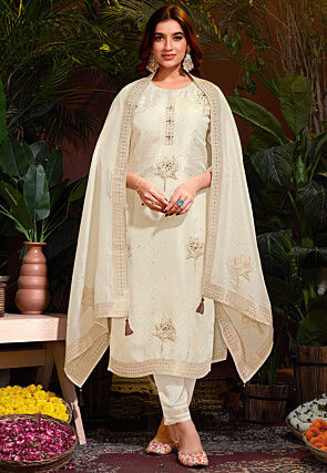 Woven Viscose Silk Jacquard Pakistani Suit in Cream