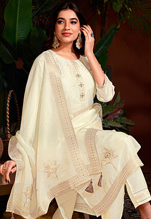 Woven Viscose Silk Jacquard Pakistani Suit in Cream