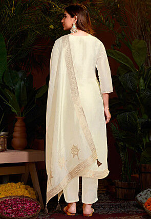 Woven Viscose Silk Jacquard Pakistani Suit in Cream