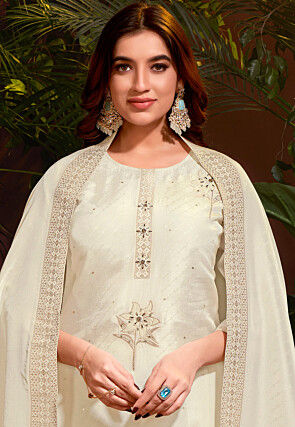 Woven Viscose Silk Jacquard Pakistani Suit in Cream
