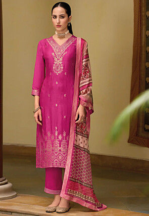 Woven Viscose Silk Jacquard Pakistani Suit in Fuchsia