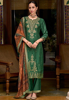 Woven Viscose Silk Jacquard Pakistani Suit in Green