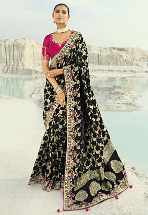 Woven Viscose Silk Jacquard Saree in Black