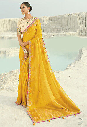 Woven Viscose Silk Jacquard Saree in Mustard